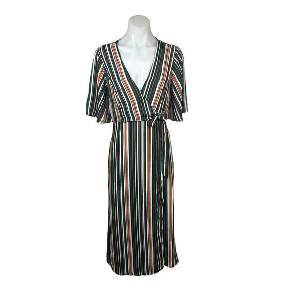 Forever 21 Green Orange Striped Faux Wrap Surplice Short Sleeve Midi Dress Sz S - Picture 1 of 7